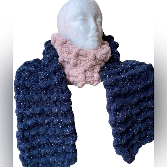 Hand Crafted Accessories - Hand Crafted Sparkly Knit Chunky Blanket Scarf Dark blue&cherry blossom